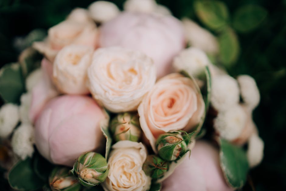A close-up image of a floral bouquet featuring pale pink and cream roses with tightly packed, layered petals, complemented by small white blossoms and lush green leaves. The flowers are arranged in a 