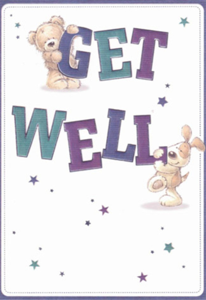 Celebrating the art of encouragement, this get well card unites a soft, honey-toned bear and a sprightly puppy, both rendered with delightful tactility and gentle humour. They share the duty of presenting a cheerful 'Get Well' greeting, their paws supporting letters in deep shades of purple, teal, and aqua-colours that echo the wildflowers found on the outskirts of Leatherhead. Floating above and around, sparkling blue and indigo stars adorn the clean cream surface, infusing the design with light and hope reminiscent of early evenings along the River Mole. The illustrated fur is plush and inviting, the puppy's ears just begging for a gentle squeeze-a textural richness that brings to mind the touch of fresh petals arranged at Flowers Leatherhead. The composition radiates with cheer, its friendly faces and lively palette infusing each glance with solace, making it the perfect pairing for a bouquet meant to lift spirits and offer heartfelt recovery wishes throughout Leatherhead's welcoming neighbourhoods.